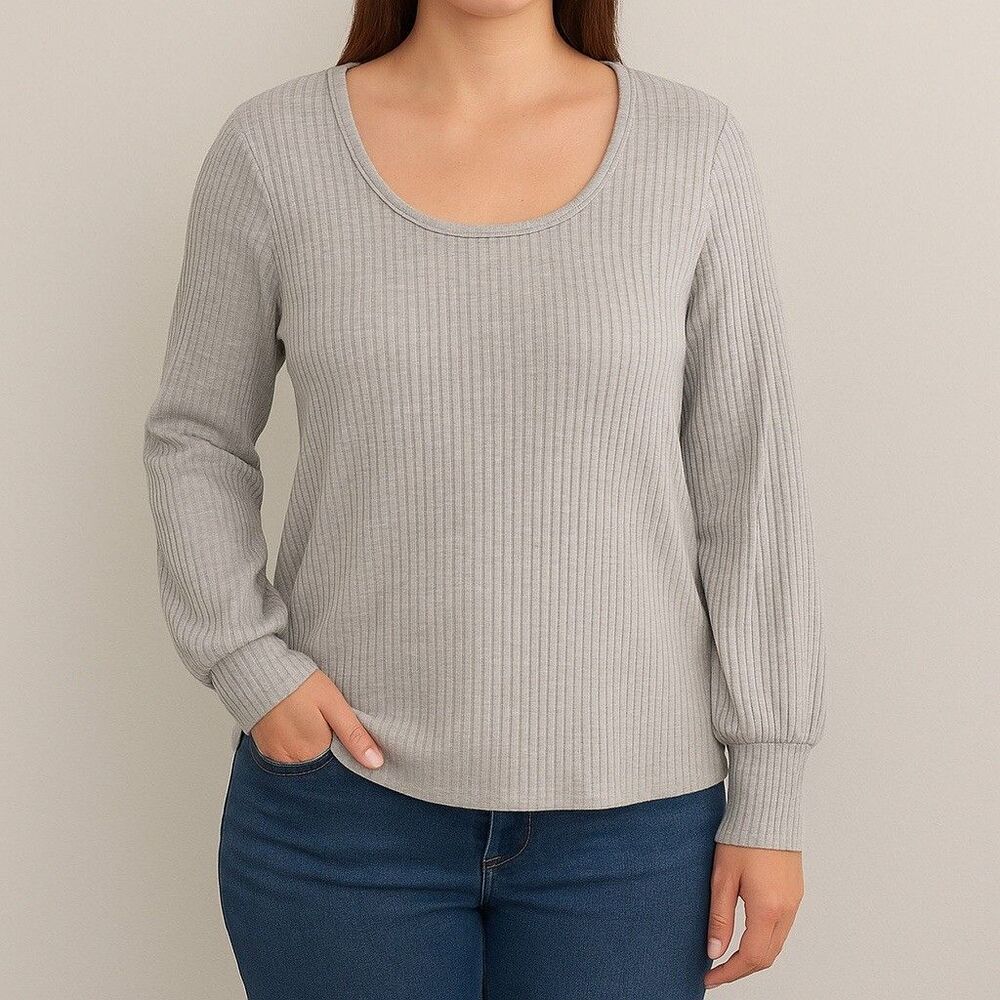 W5 Women’s XL Gray Ribbed Knit Long Sleeve Scoop Neck Top Casual Pullover